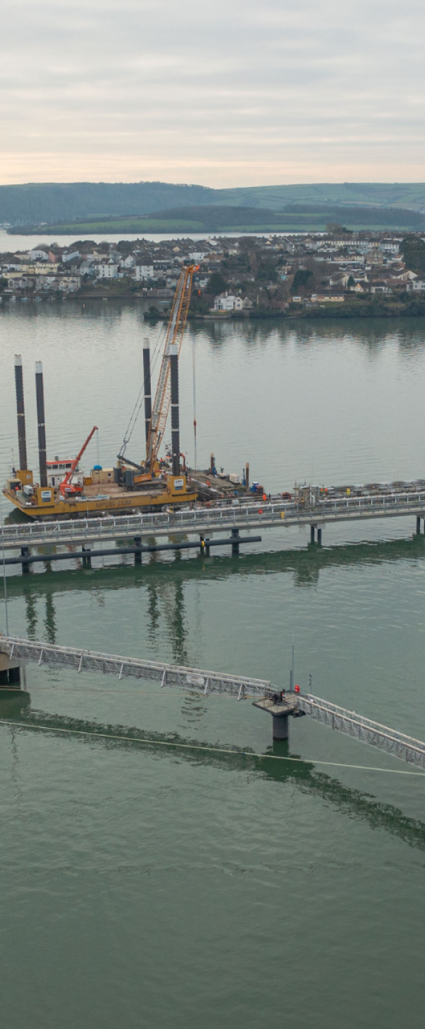 Aerial shot showing ship berthed at Thanckes Oil Fuel Jetty