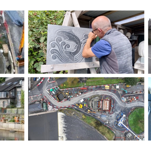 Montage of images showing construction work and flood defences such as walls and glass panels alongside a river