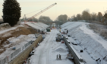 Platform foundations being laid in the snow at Winslow station as part of the East West Rail project.jpg