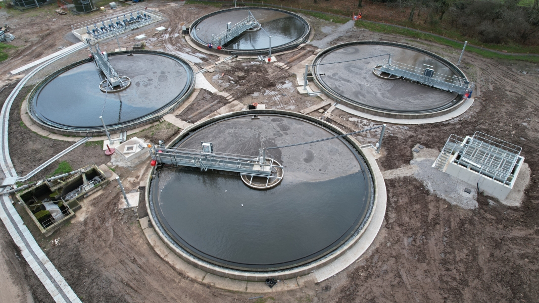 Aerial view of wastewater settlement tanks 